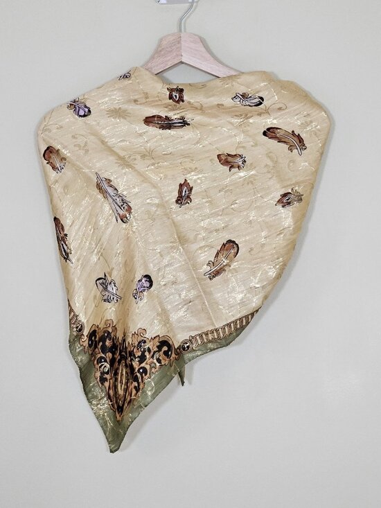 Unbranded Silk Scarf Womens 31 x 32 Inches Multicolor Gold Floral Feathers Print - Picture 2 of 15